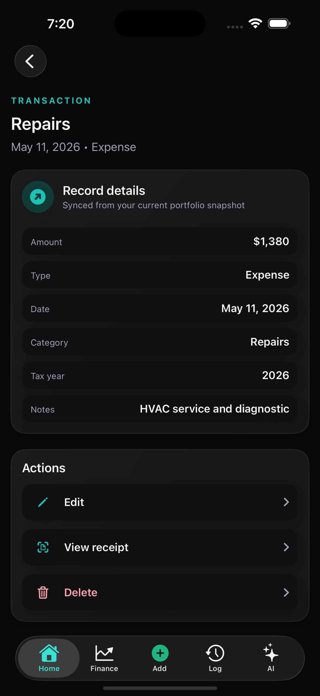 Captured repair expense detail